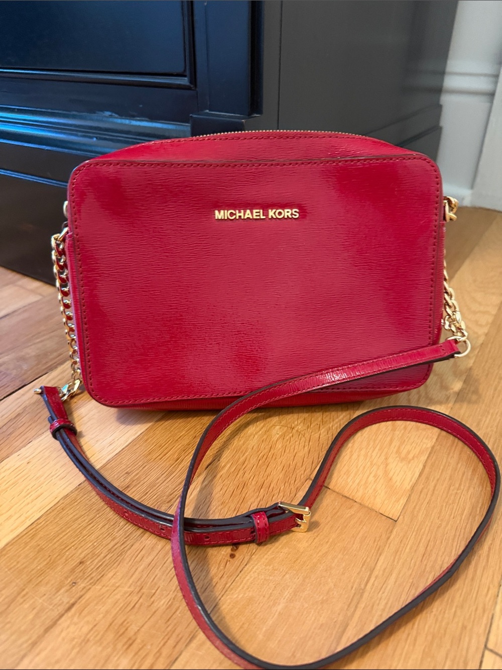 Michael Kors Red Patent Leather Crossbody with Gold Hardware